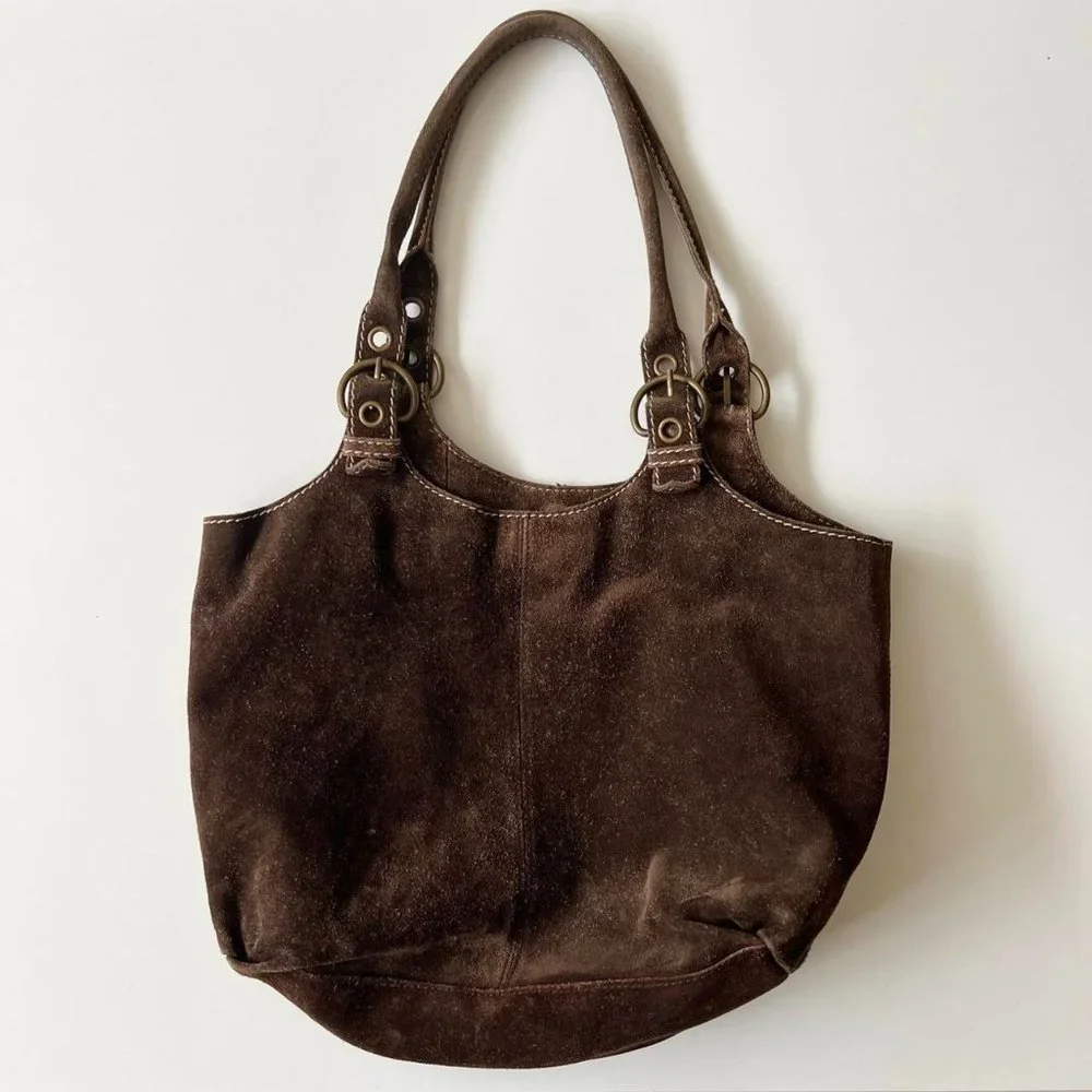 Vintage 90s Brown Suede Slouchy Hobo Grommet Leather Shoulder Bag Purse - Picture 1 of 7